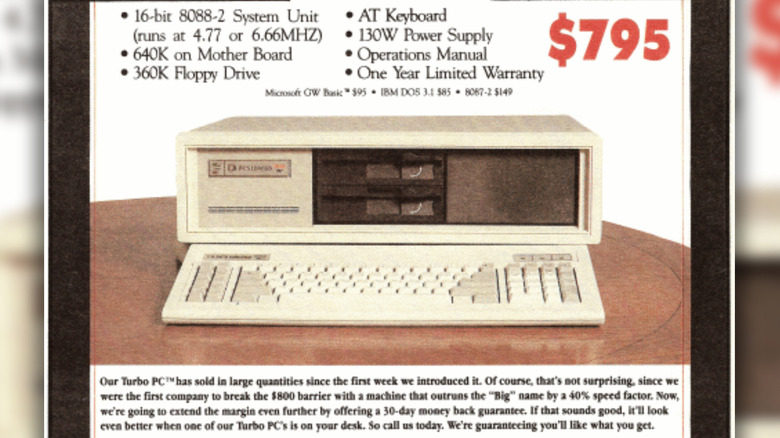 The original PC's Limited ad for Turbo PC at $795. Features: 16-bit 8088 System Unit (runs at 4.77 or 6.66MHZ) 640K on motherboard, 360K Floppy Drive, AT keyboard, 130W Power Supply, Operations Manual and One Year Limited Warranty. Caption at the bottom boasts its speed over the "Big" brands like IBM.