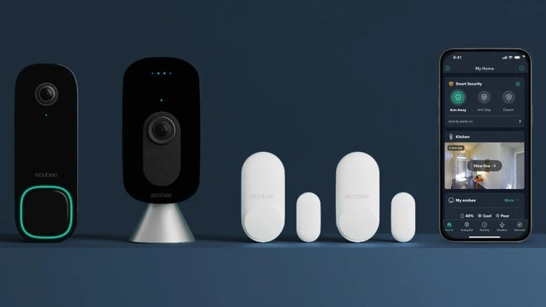 Ecobee home security products bundle with a blue scene.