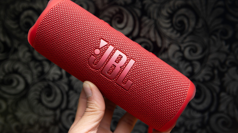 A person holding a JBL speaker.