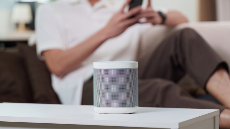 Sonos speaker on table with person behind it