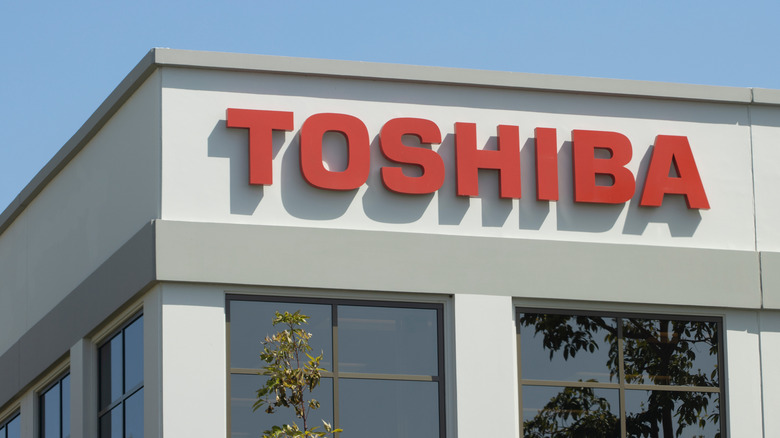 Toshiba logo on a building.