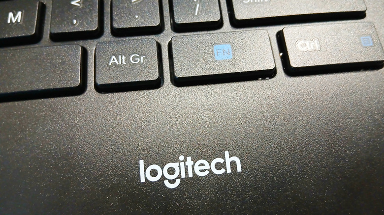The Logitech logo on a laptop keyboard