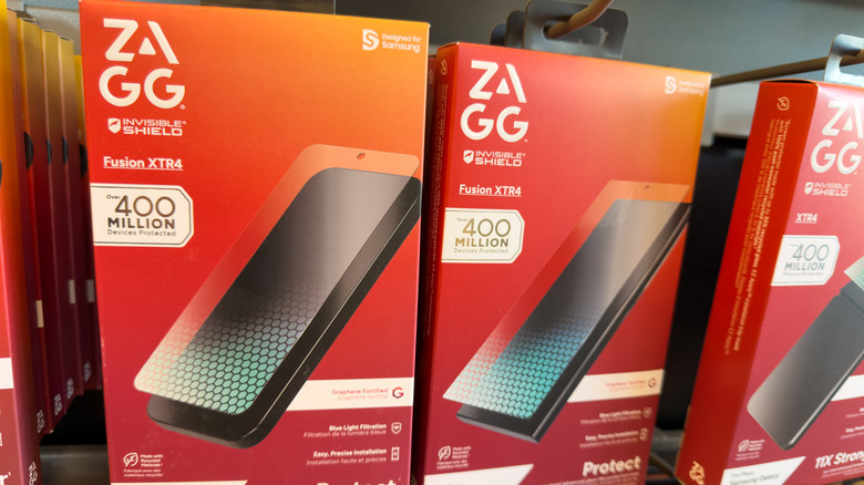 boxes of zagg screen protectors in store