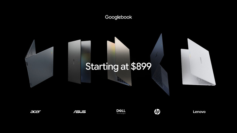The Googlebook lineup from partners Acer, Asus, Dell, Hp, and Lenovo, labeled with a starting price of $899.
