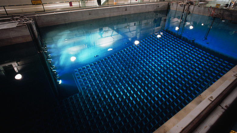 Nuclear fuel rods visible from above in a cooling pool at a power plant.