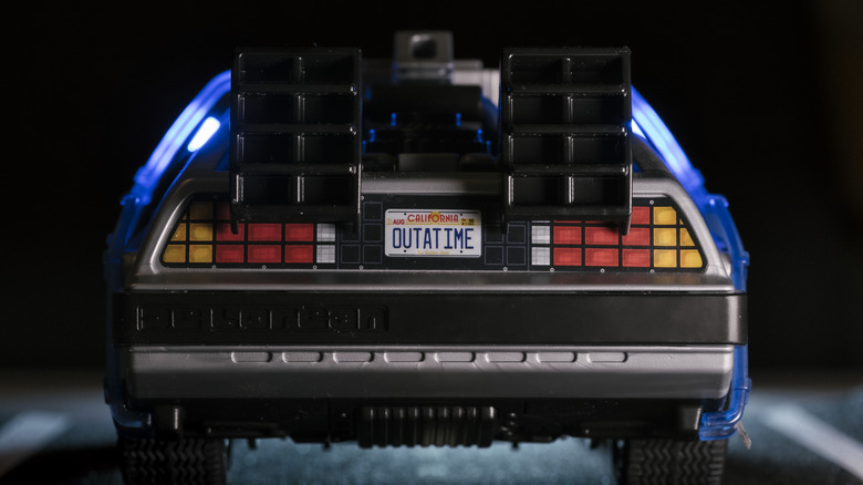 The back of a toy of the DeLorean from Back to the Future.