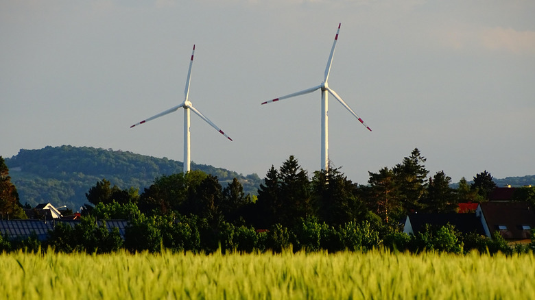 Wind turbines near a yellow field