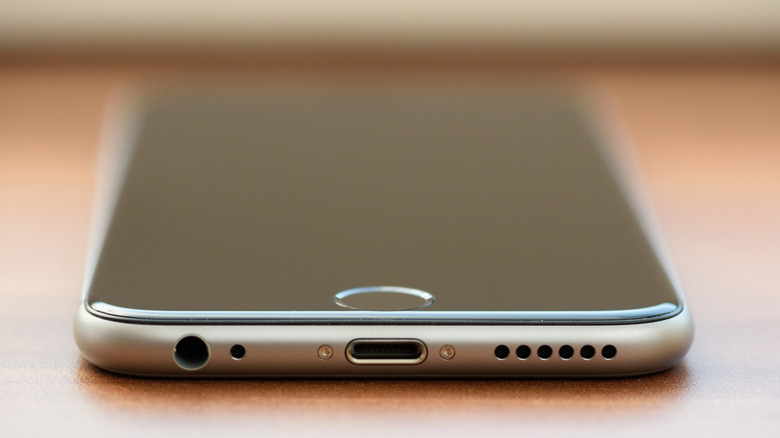 A close-up shot of the bottom of an iPhone 6s, including its Home Button, charging port, headphone jack and speaker grill.