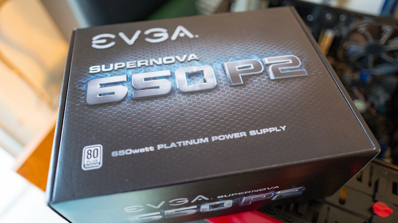 Box containing EVGA Supernova 650 P2 power supply for computers