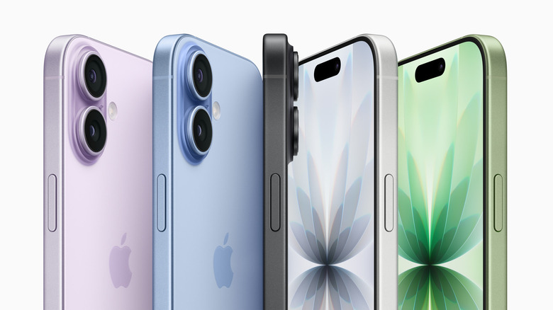 Five different colored iPhone 17s lined up