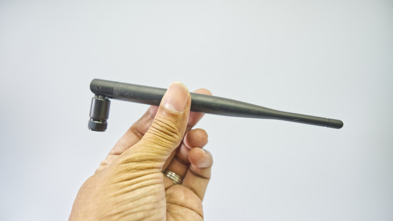 Close-up of a hand holding a Wi-Fi antenna