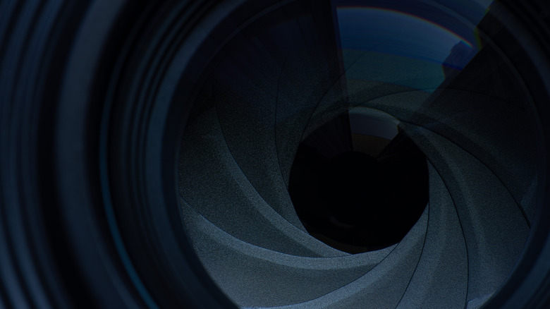 A close-up view of the blades of a camera lens.