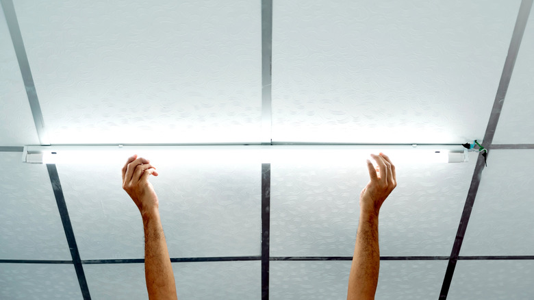 A pair of hands holding up an LED ceiling light.