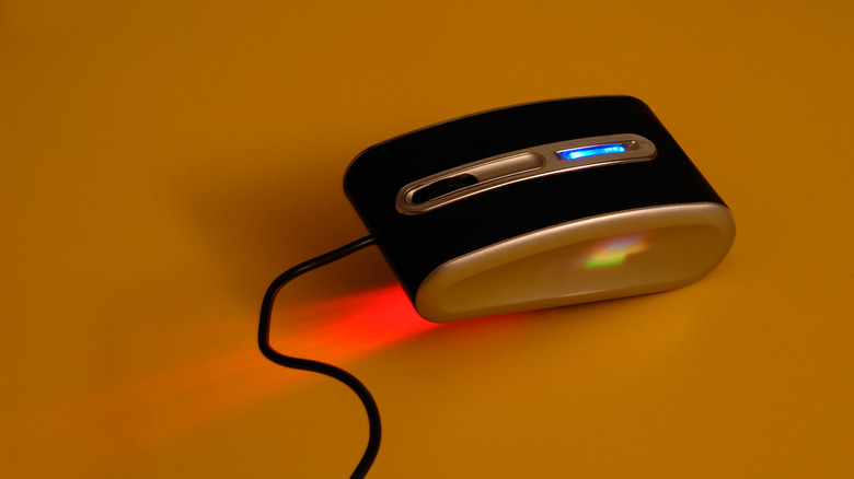 Optical mouse with the red light visible.