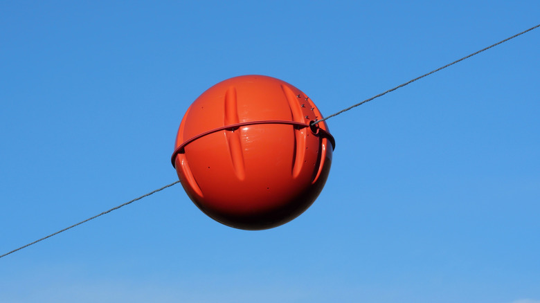 A close-up of an orange ball suspended on an electrical wire.