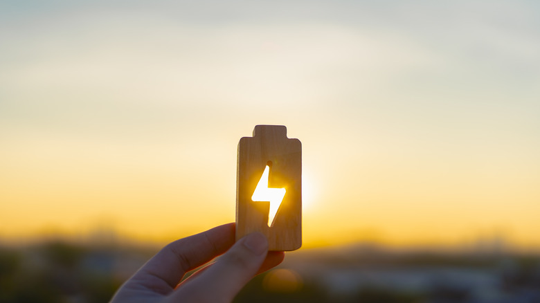 Someone holding up a wooden block in the shape of a battery with sunlight shining through.