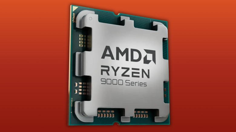 AMD Ryzen 9000 series AM5 CPU, which has no pins on the CPU on a red to orange gradient backgound