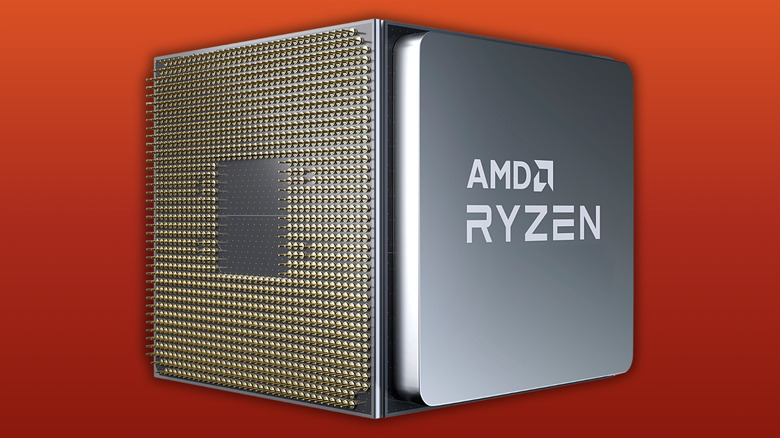 AMD Ryzen 500 series marketing image showcasing the front and back of the CPU on a red to orange gradient backgound