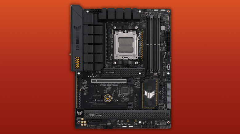 ASUS TUF Gaming B650-PLUS WIFI socket AM5 motherboard marketing image on a red to orange gradient backgound