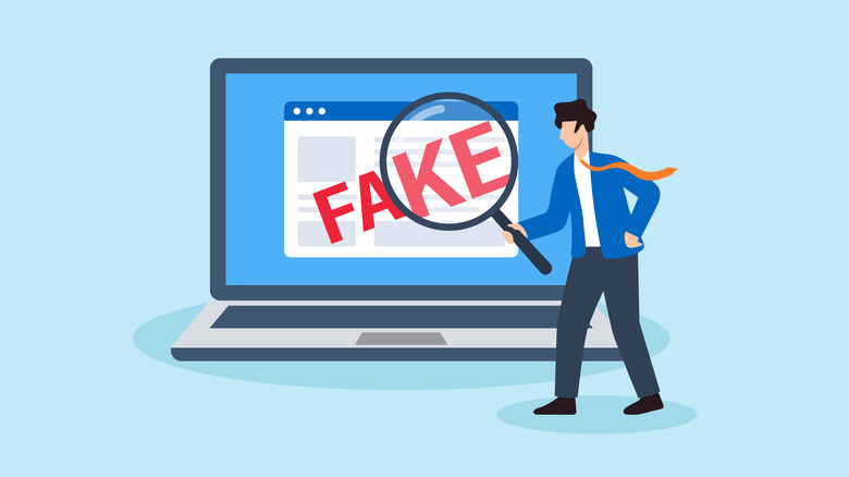 An illustration of a person investigating fake documents.