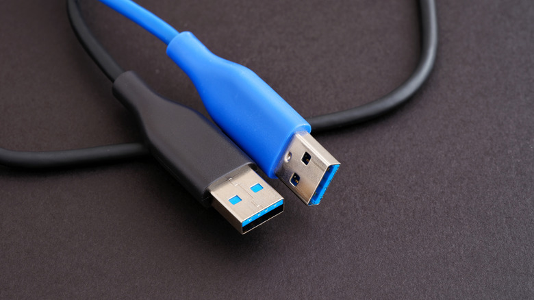 Two USB-A type cables showing the blue inside colors for USB 3.0 generation