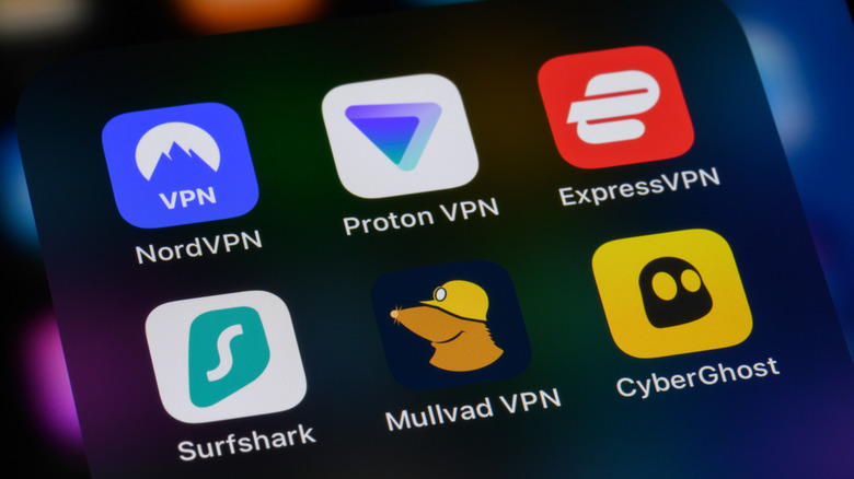 Close-up of popular VPN provider app icons on a smartphone.