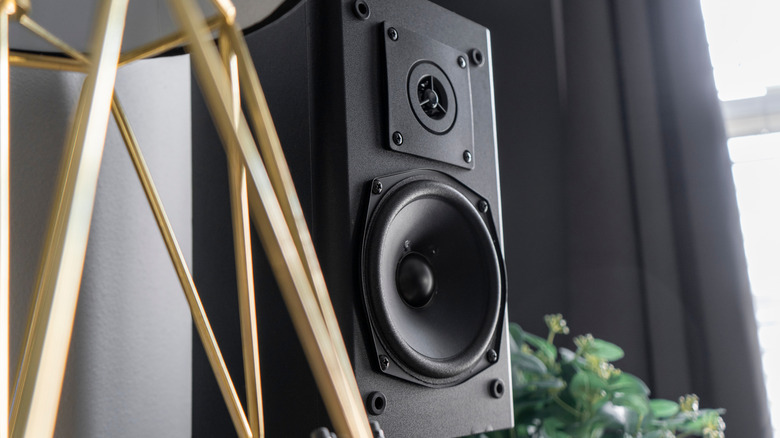 A large home audio speaker with a bass.