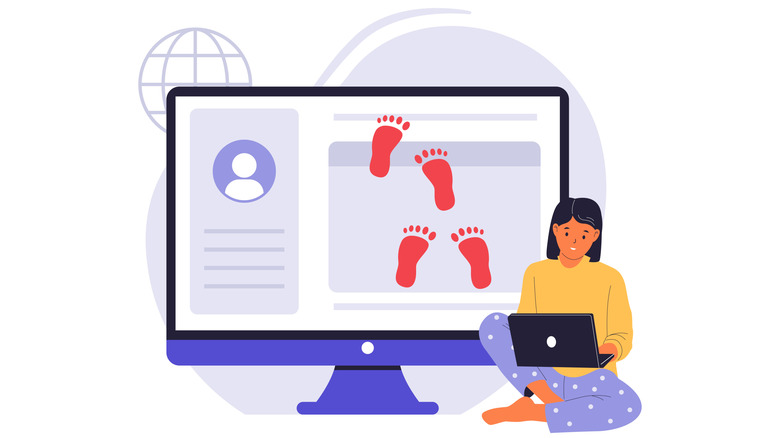 A cartoon illustration of a person with a computer showing the screen with footprints on a profile page