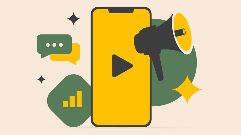 a yellow, green, black illustration of a phone with a video and microphone with chat bubbles
