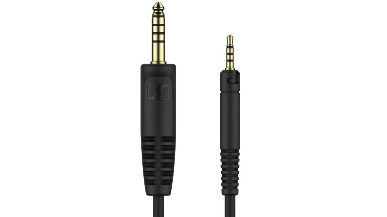 Close up of Sennheiser 2.5mm to 4.4mm audio cable featuring twist lock mechanic