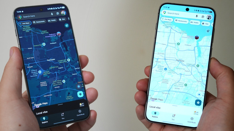 The Google Maps app displayed in both light mode and night mode