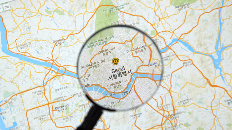Looking at Google Maps data for Seoul, Korea, through a magnifying glass.