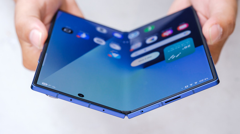 A Samsung Galaxy Fold smartphone with an AMOLED display.