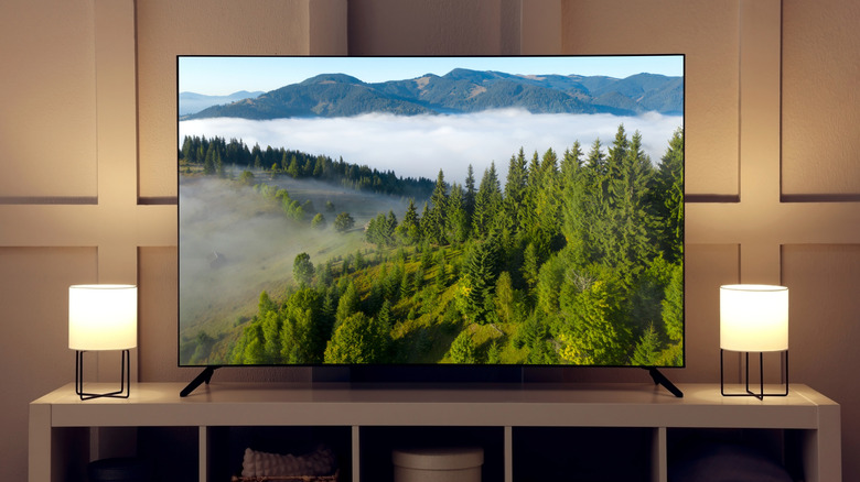Large, skinny TV sitting on a TV stand, bookended by desk lamps.