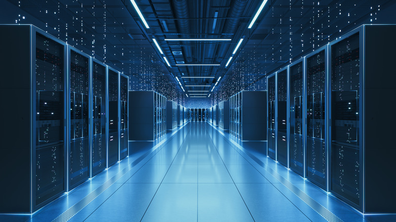 Interior view of a futuristic data center designed for artificial intelligence processing, featuring glowing servers and digital data streams.