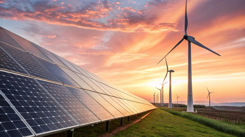 Solar panels and wind turbines side by side.