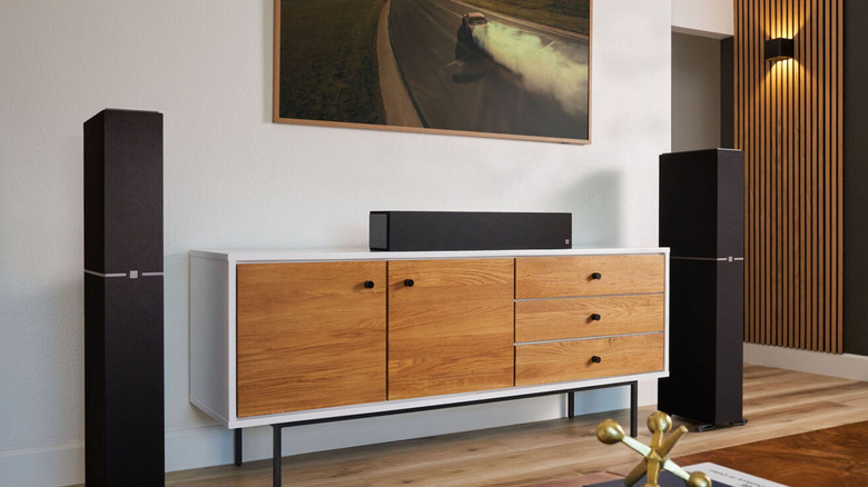The three front channels of a surround sound using Definitive Technology speakers.