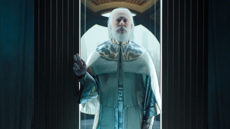 A scene of season 3 of Apple TV's Foundation showing an old man in royal vest