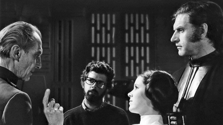 George Lucas directing Carrie Fisher, David Prowse, Peter Cushing
