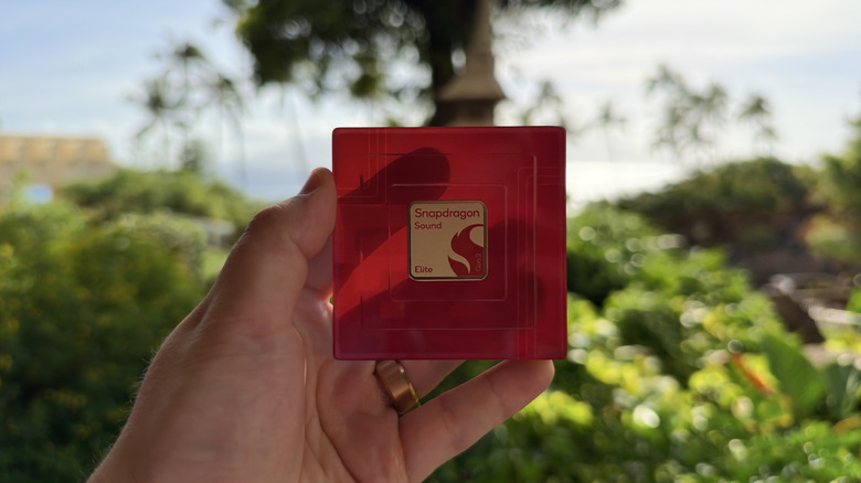 The new Snapdragon Sound Elite Gen 2 chipset being held up in front of greenery in the background