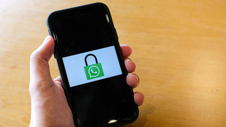 A person holding a smartphone with a padlock logo on the screen