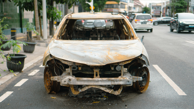 The remains of an electric car after a fire.