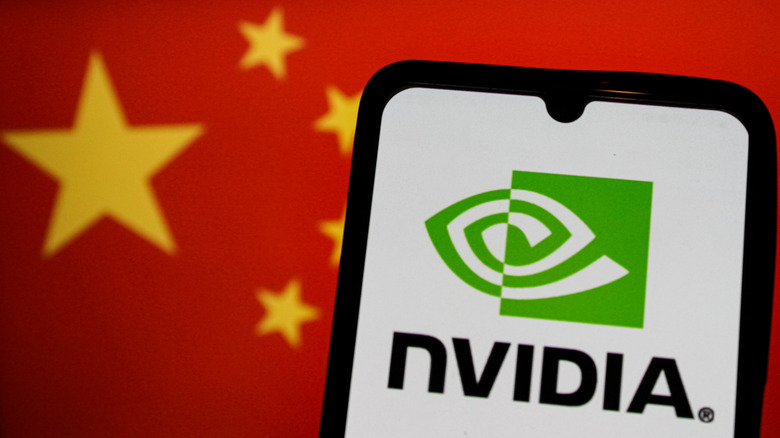 Nvidia logo on a smartphone in front of Chinese flag