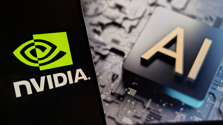 Nvidia logo with AI chip in the background