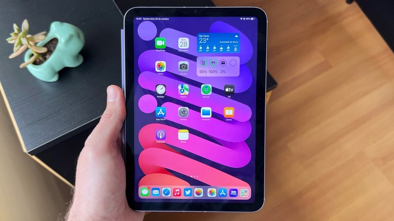 A hand holding an iPad mini 6