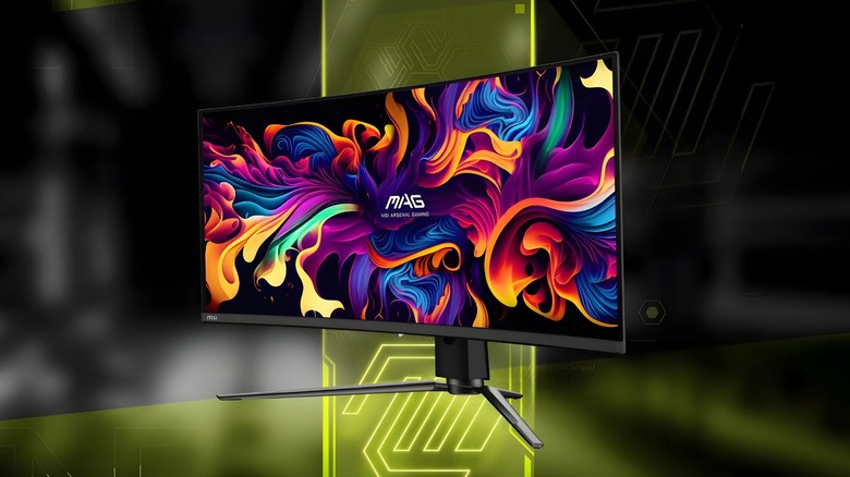 MSI MAG 341CQP QD-OLED showing a multicolor abstract image on a lime green and grey cyber-themed background.