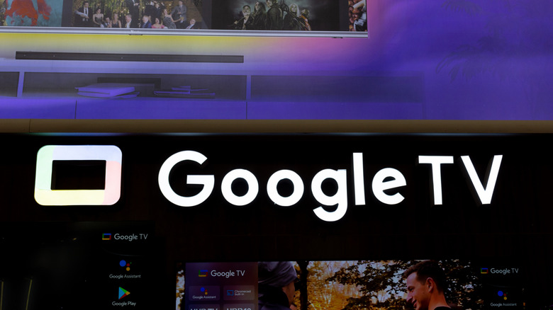 Google TV and logo close up at trade event.