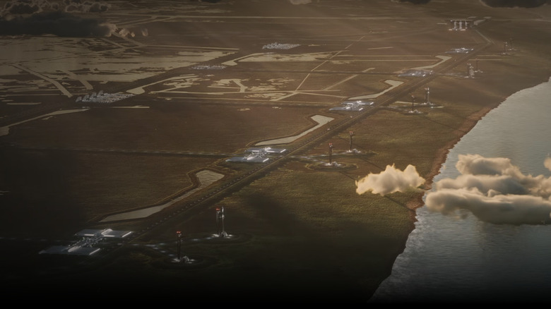 A 3D render of Starbase Louisiana seen from an aerial perspective