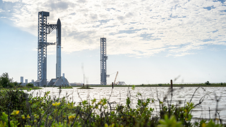 The SpaceX Starship V3 is seen docked at a launch pad at Starbase on May 22, 2026 in Boca Chica Beach, Texas