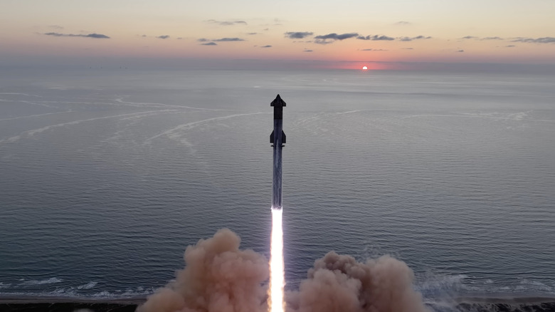 The SpaceX Starship launching from Starbase on its fifth test flight.